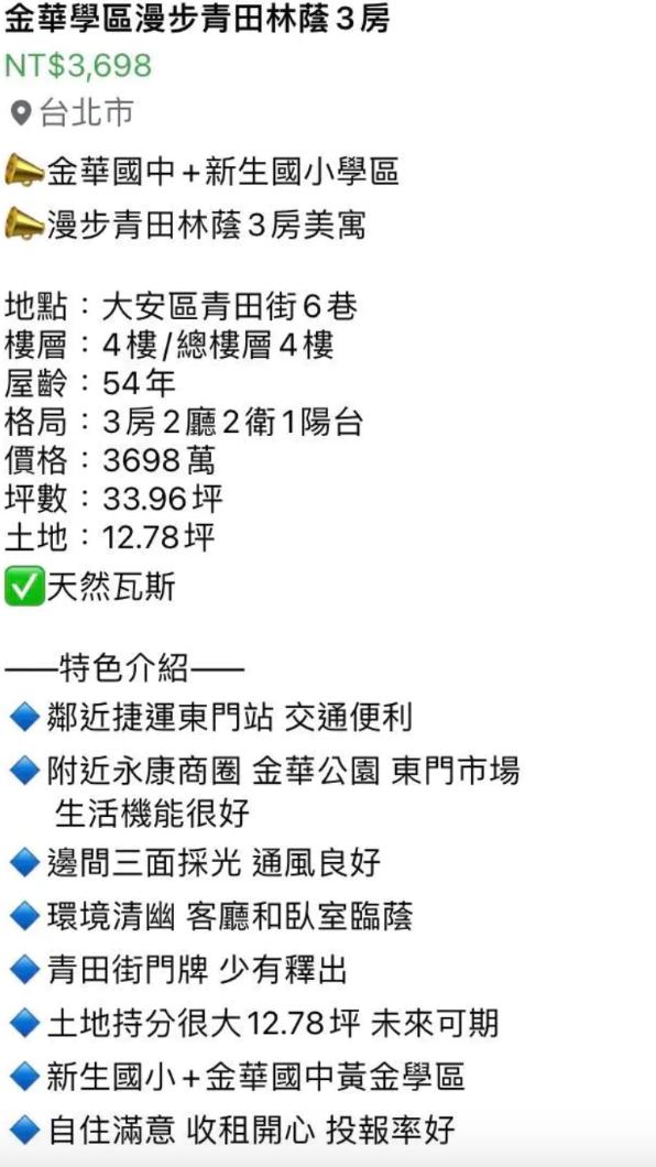 大安區老公寓開價將近3700萬。(圖/翻攝自Dcard)