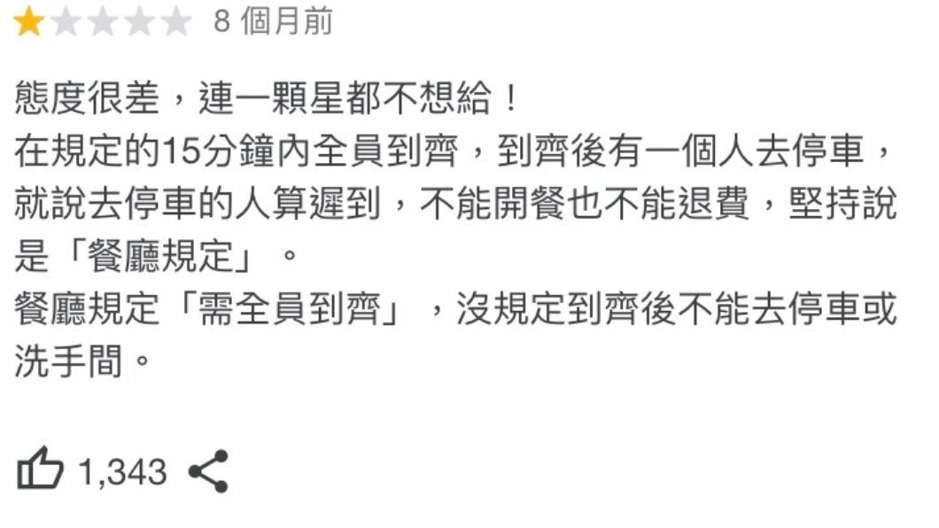 另外也有其他客人抱怨自己因為停車遲到不能開餐,也不能退費。(圖/翻攝自當事店家Google評論區)