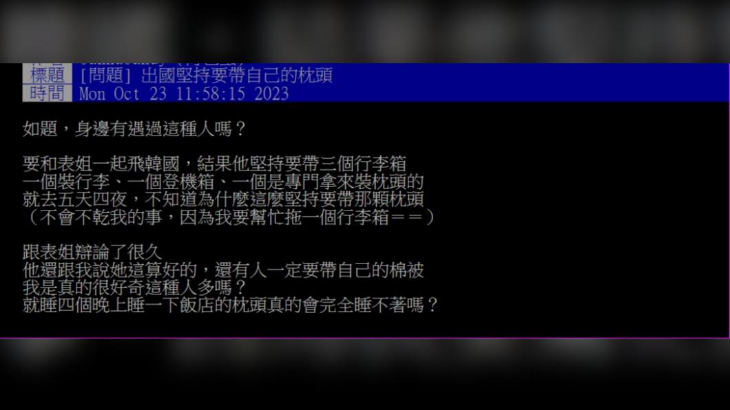 表姊堅持要帶枕頭出國,讓原PO感到不解。(圖 / 翻攝自PTT)