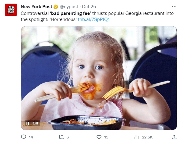 該家餐廳規定若孩子不受管教將加收育兒費用。(示意圖/翻攝自X@nypost )
