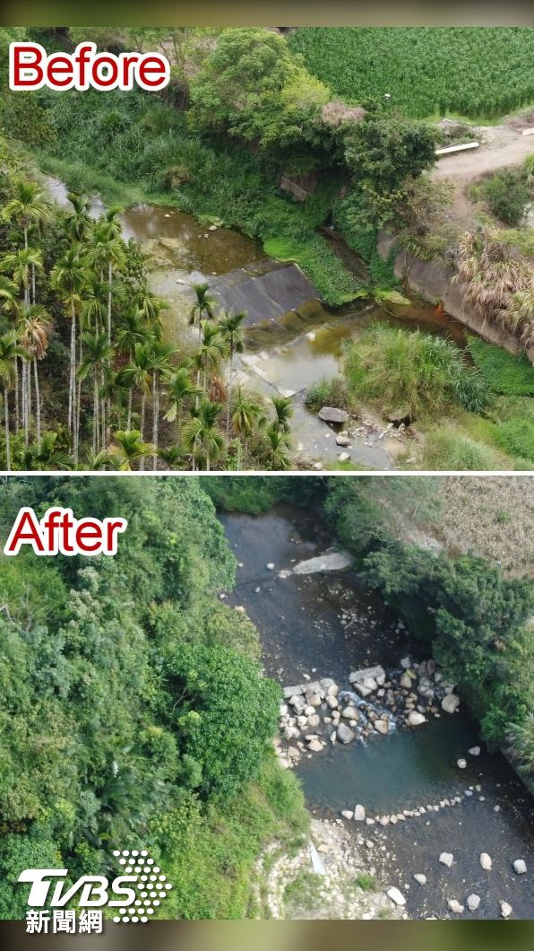 種瓜溪的before和after，改變「水泥治國」溪流生意盎然。(照片李璟泓提供)