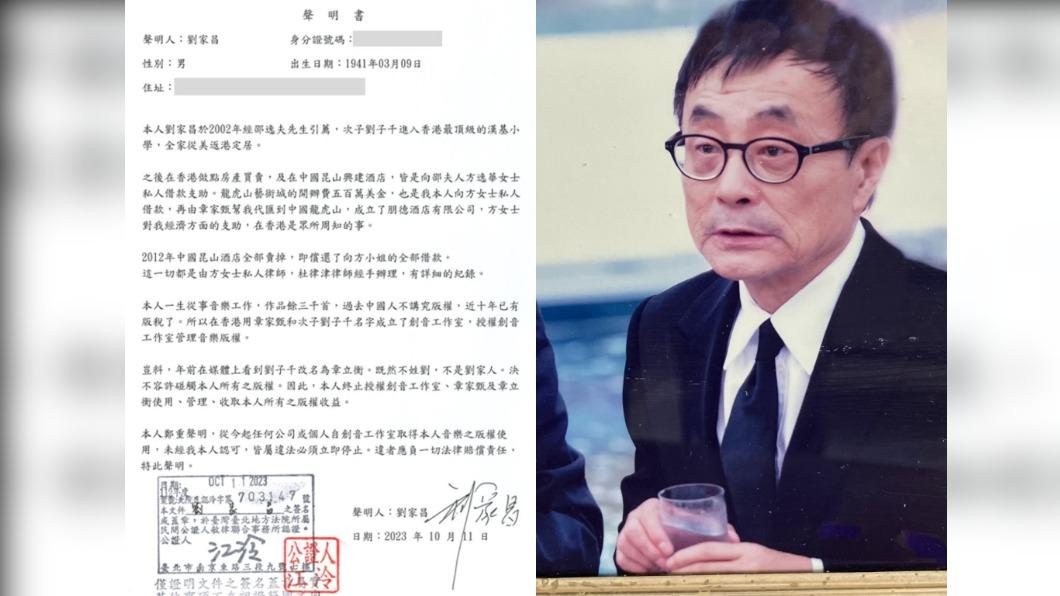 劉家昌不滿兒子改名「章立衡」,宣布終止授權歌曲版權以及收益。(圖/翻攝自劉家昌臉書)