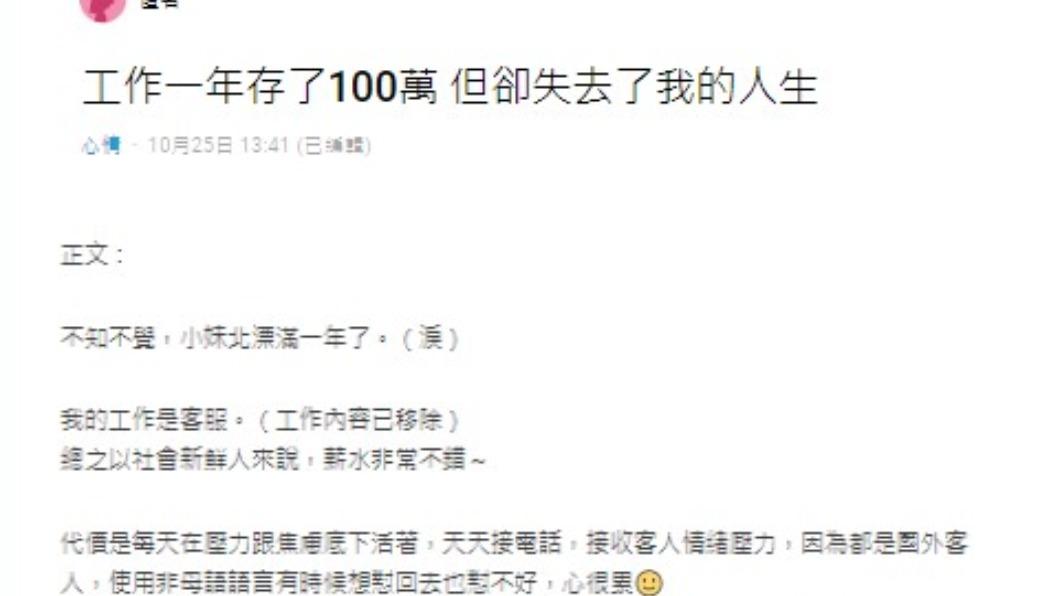 女網友發文表示自己工作一年來的心聲。(圖/翻攝自Dcard)