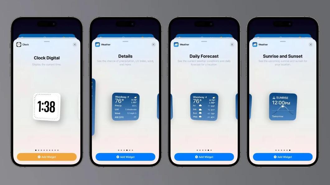 iOS 17.2 Beta測試版為天氣與時鐘APP帶來新的小工具。(圖/翻攝自9to5Mac)