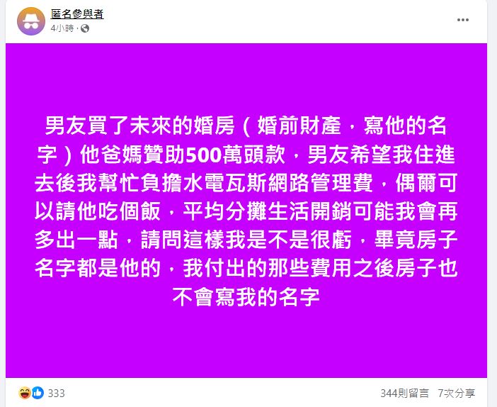 原PO好奇若入住男友買的房子,並負擔水電、管理費,這樣是否很虧?(圖/翻攝自「買房知識家 A你的Q」臉書)