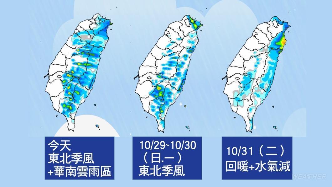 週日、下週一水氣逐漸減少,降雨範圍縮減。(圖/TVBS)