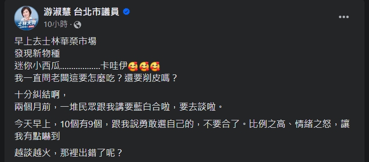 游淑慧觀察到基層對「藍白合」態度丕變。(圖/翻攝自游淑慧臉書)