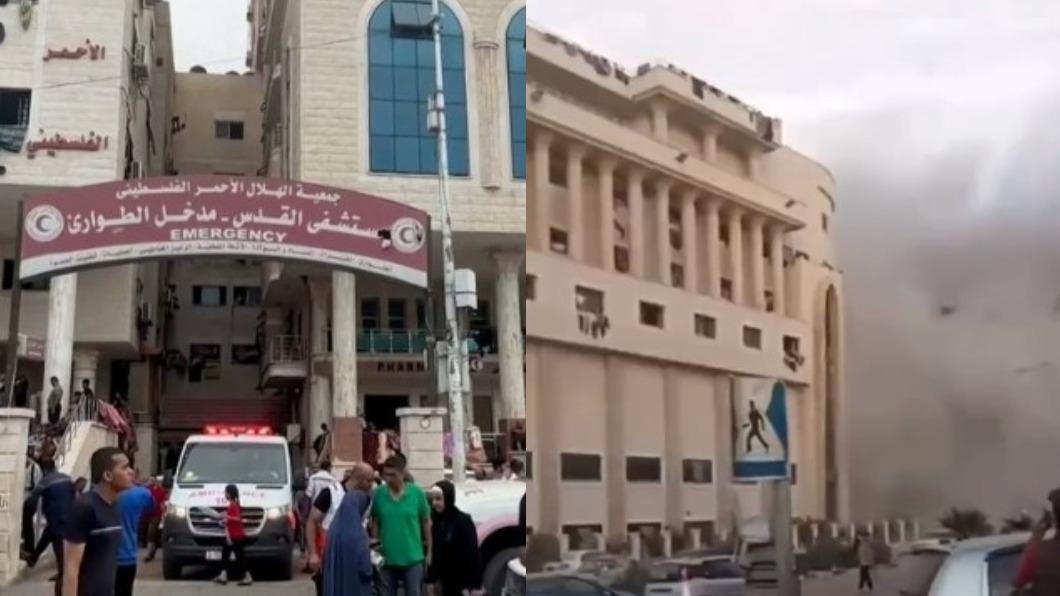 以軍轟炸加薩第二大醫院「聖城醫院」(al-Quds Hospital)周圍。(圖/翻攝自 推特@AhmadFaezal4、@Angelo4justice3)
