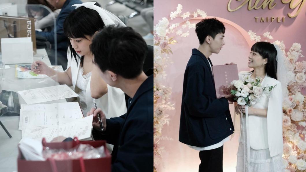 朱咩一襲白色洋裝,與男友登記結婚。(圖/翻攝自朱咩IG)