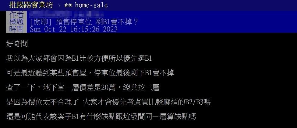 原PO得知某些預售屋建案的停車位最後剩下B1賣不掉,讓他相當不解。(圖/翻攝自PTT)