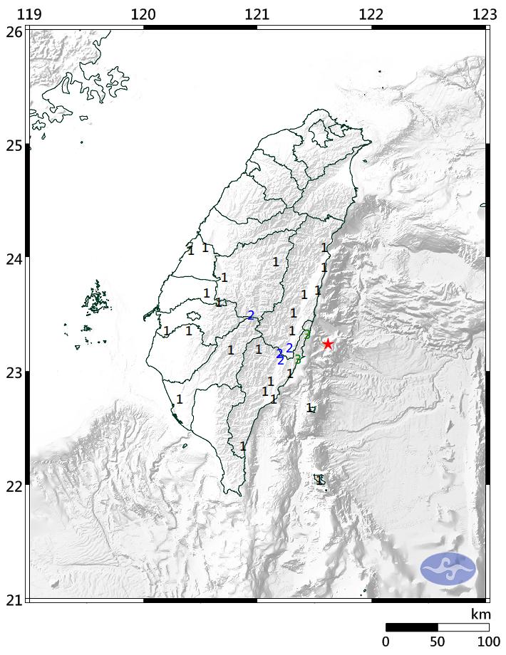 震央位於臺東縣政府東北方72公里。(圖/中央氣象署)