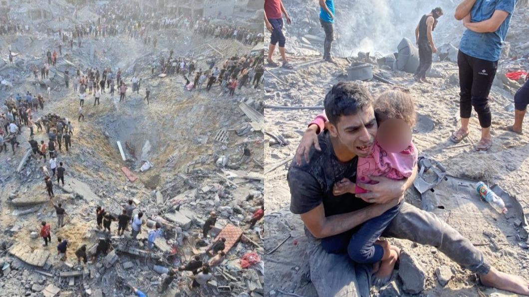 以軍空襲加薩（Gaza）北部賈巴利亞（Jabalia）難民營，炸出巨大坑洞。（圖／翻攝自《BBC》、推特@SamarDJarrah）