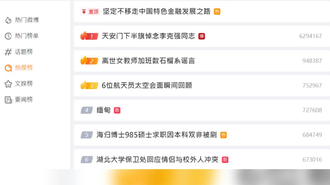 天安門降半旗哀悼李克強的相關消息登上微博熱搜第1。(圖/翻攝自微博)