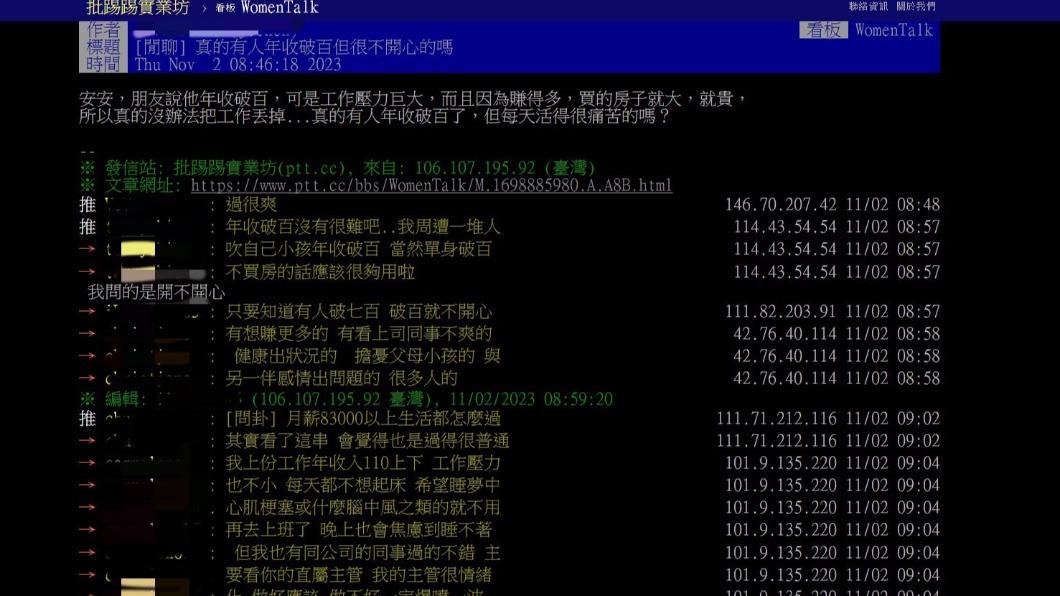 原PO以「真的有人年收破百了，但每天活得很痛苦的嗎？」為題發文。（圖／翻攝自PTT）