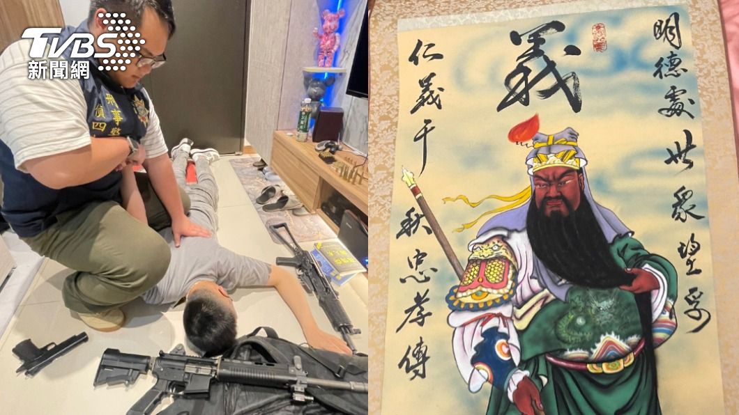 警方將人壓制,並起獲明仁會藏頭詩字畫。(圖/TVBS)