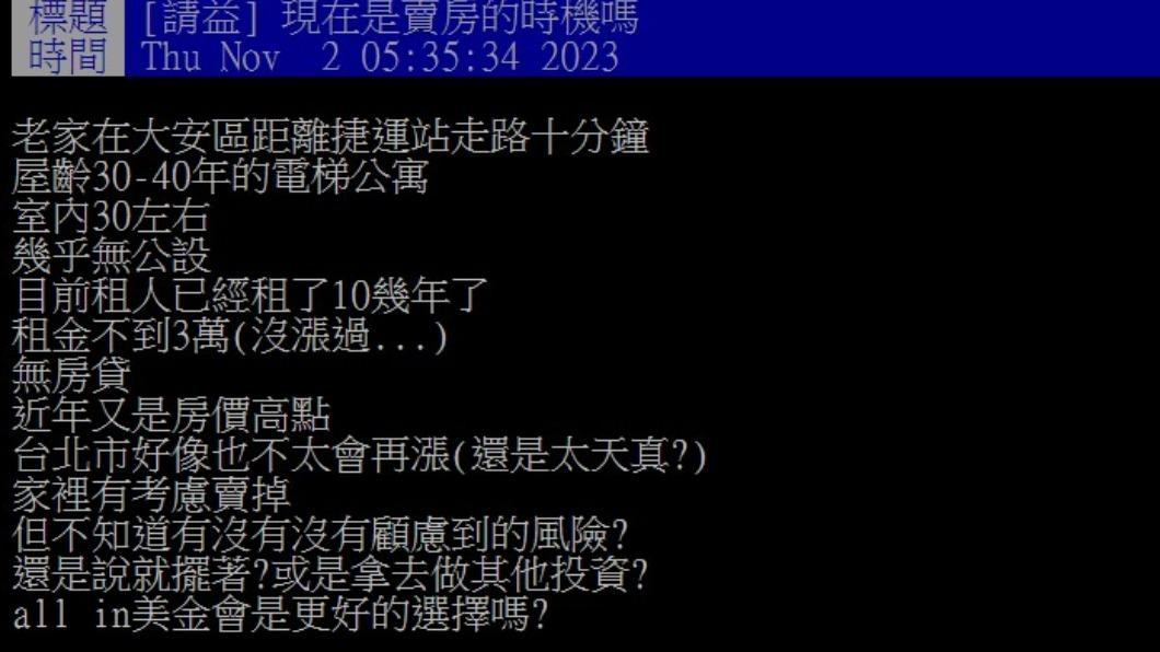網友好奇現在是否為賣房好時機。(圖/翻攝自PTT)