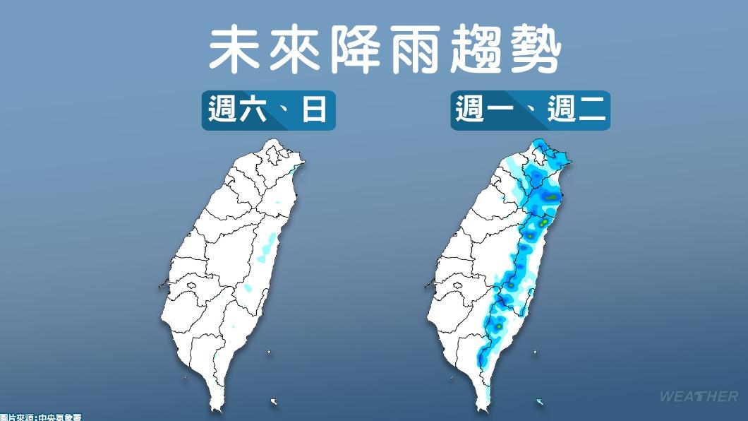 下週短暫轉為東北季風,迎風面地區降雨機率高。(圖/TVBS)