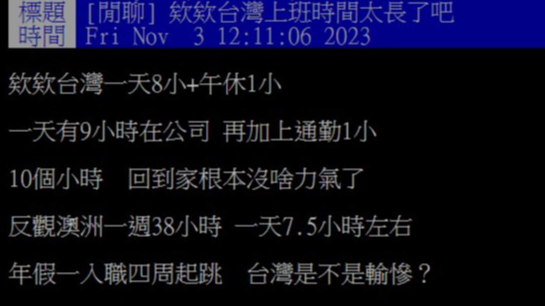 網友抱怨台灣上班時間太長。(圖/翻攝自PTT)
