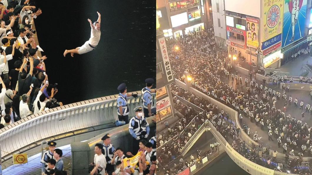 大批警力封鎖道頓堀、球迷激動跳川。（合成圖／翻攝自@osamu_murai_san、@pisucocomama　Twitter）