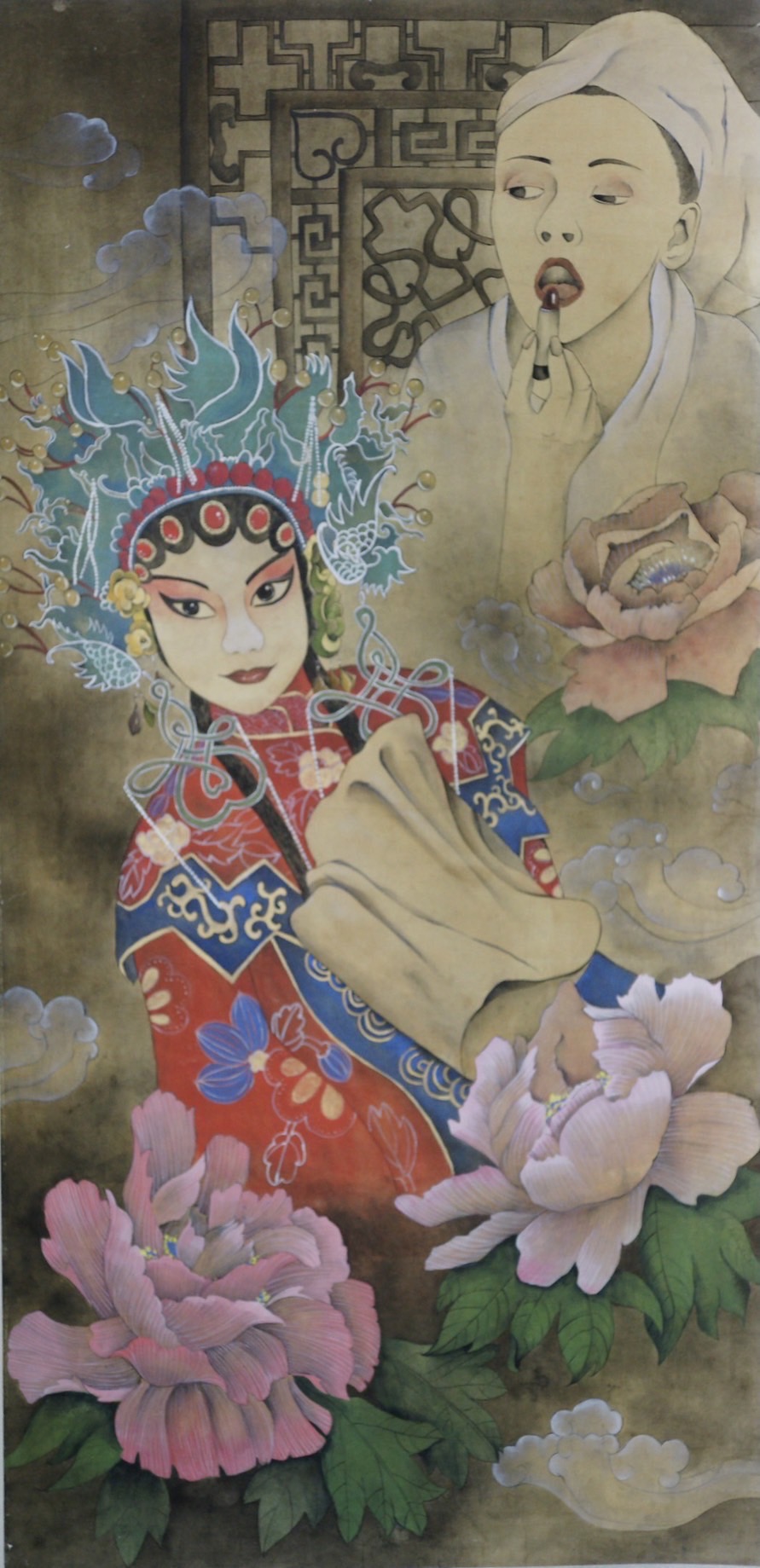名慧的水墨工筆畫,主題是「戲夢人生」,這張作品想表達上台後,台上亮麗的外表,台後的付出努力。(圖/名慧提供)