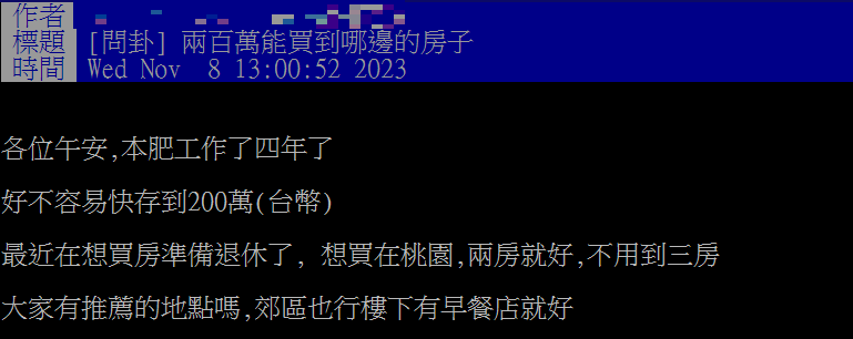 網友詢問存款200萬可以買桃園哪區的房子。（圖／翻攝自PTT）