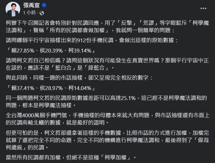 媒體人再轟民調「柯學加權」。(圖/翻攝自張禹宣臉書)