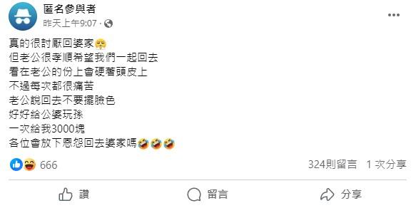 老公爲了鼓勵人妻回婆家,竟提出獎金利誘。(圖/翻攝自臉書)
