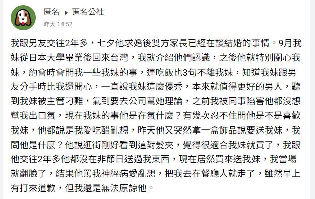 原PO抱怨，男友自她妹妹回台後變得很反常。（圖／翻攝自匿名公社）