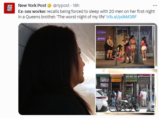 女子被迫到美國紐約賣淫且當日就接待20名男客。（圖／翻攝自＠nypost）