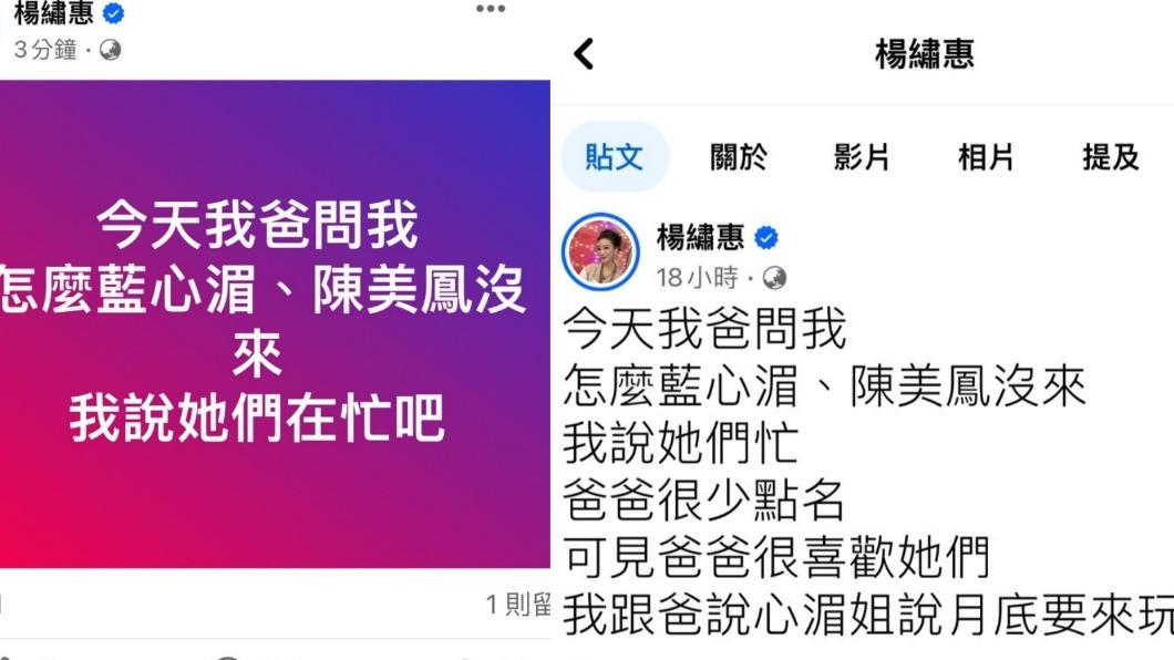 楊繡惠去年發文提到藍心湄和陳美鳳。(圖/翻攝自楊繡惠臉書)