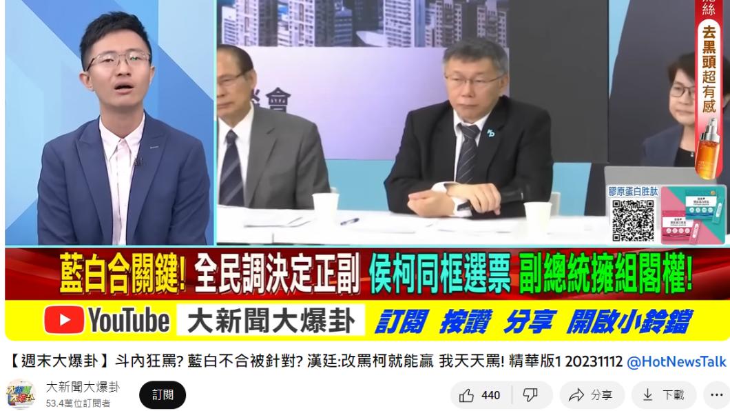 新黨台北市議員侯漢廷在節目上分析全民調背後恐已有盤算。(圖/翻攝自《大新聞大爆卦》YT)