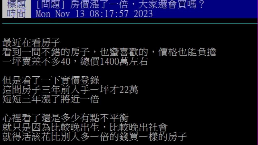 原PO認為自己只是晚出生幾年卻面臨高房價。(圖/翻攝自PTT論壇)