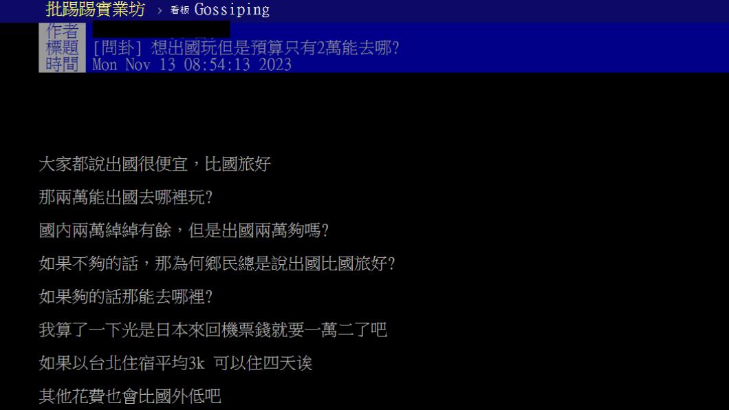 網友好奇到國外哪裡旅遊,兩萬有找?(圖/翻攝自PTT)