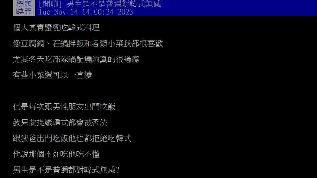 原PO好奇詢問「男生是不是普遍對韓式無感?」(圖 / 翻攝自PTT)