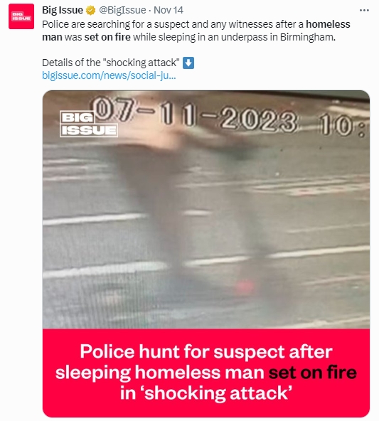 英國男子對街友縱火。（圖／翻攝自X@Bigissue）