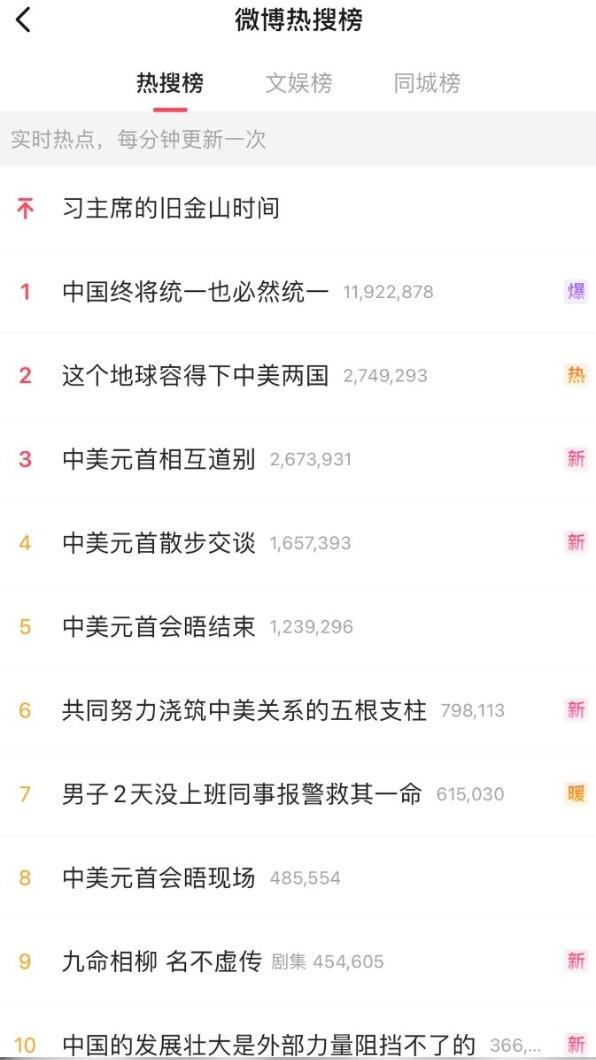微博熱搜榜前十名，拜習會相關的關鍵字佔了大部分。（圖／翻攝自微博）