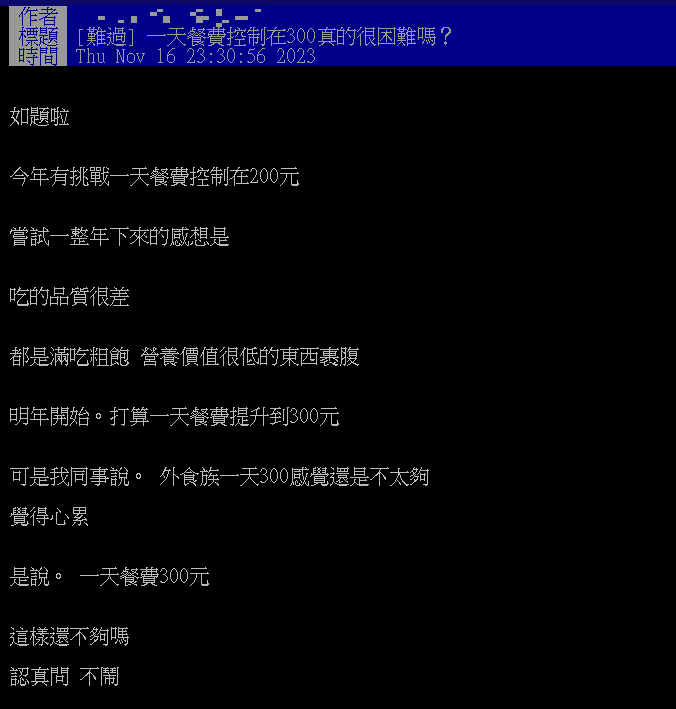 網友發問外食族每日餐費控制在300元內是否容易。(圖/翻攝自PTT)