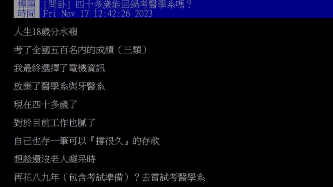 原PO詢問「四十多歲能回鍋考醫學系嗎?」(圖 / 翻攝自PTT)