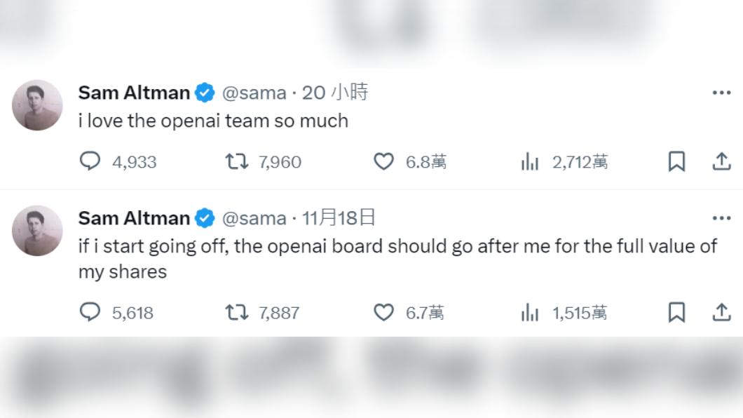阿特曼發文表示自己非常熱愛OpenAI團隊。(圖/翻攝自阿特曼推特)