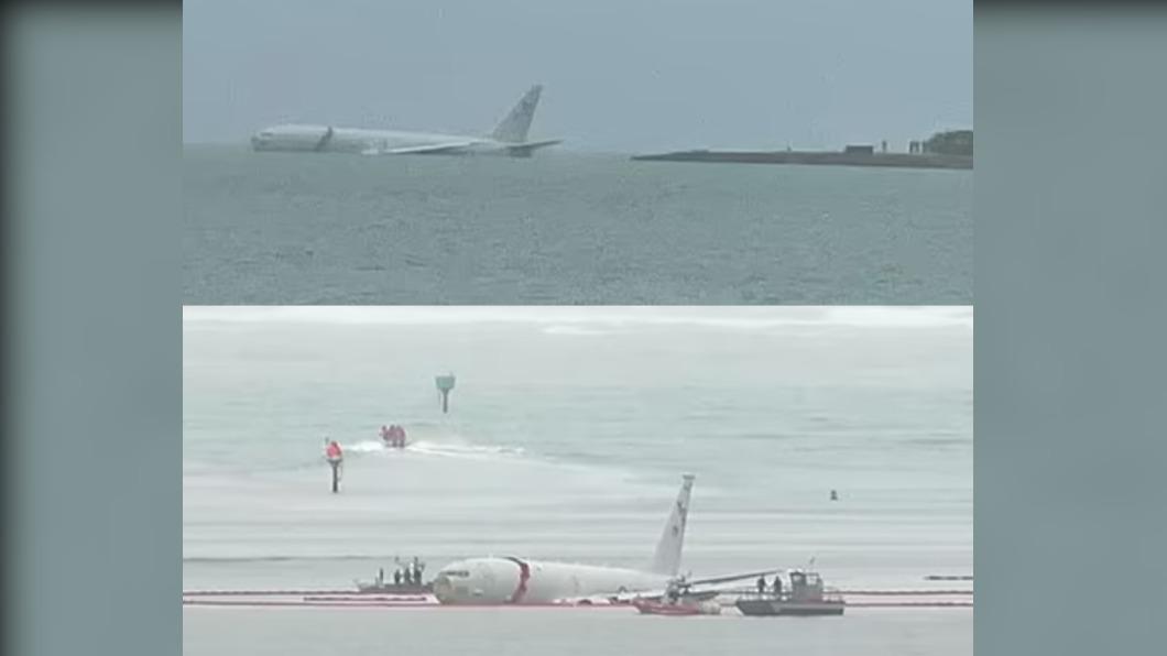 有片/美軍機「衝出跑道」墜海水上漂 機上9人游上岸
