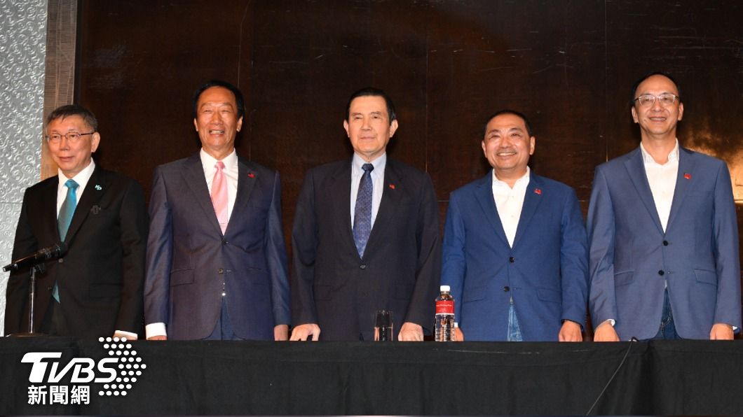 民眾黨總統參選人柯文哲、鴻海創辦人郭台銘、前總統馬英九、國民黨總統參選人侯友宜、國民黨主席朱立倫。(圖/胡瑞麒攝)