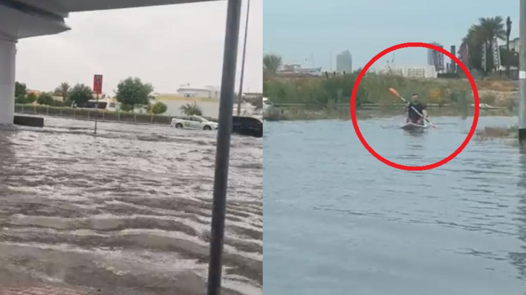 沙漠下罕見暴雨!洪水淹沒杜拜道路 居民划小船涉水而行