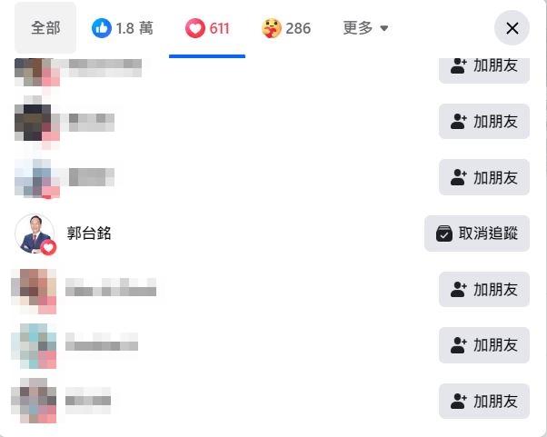 郭台銘悄悄按下「愛心」符號。(圖/翻攝自郭台銘臉書)