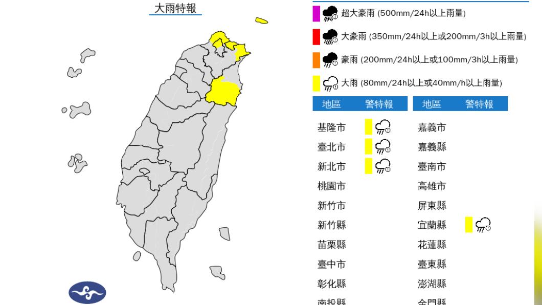 快訊/東北季風雨區擴大 台北等4縣市大雨特報