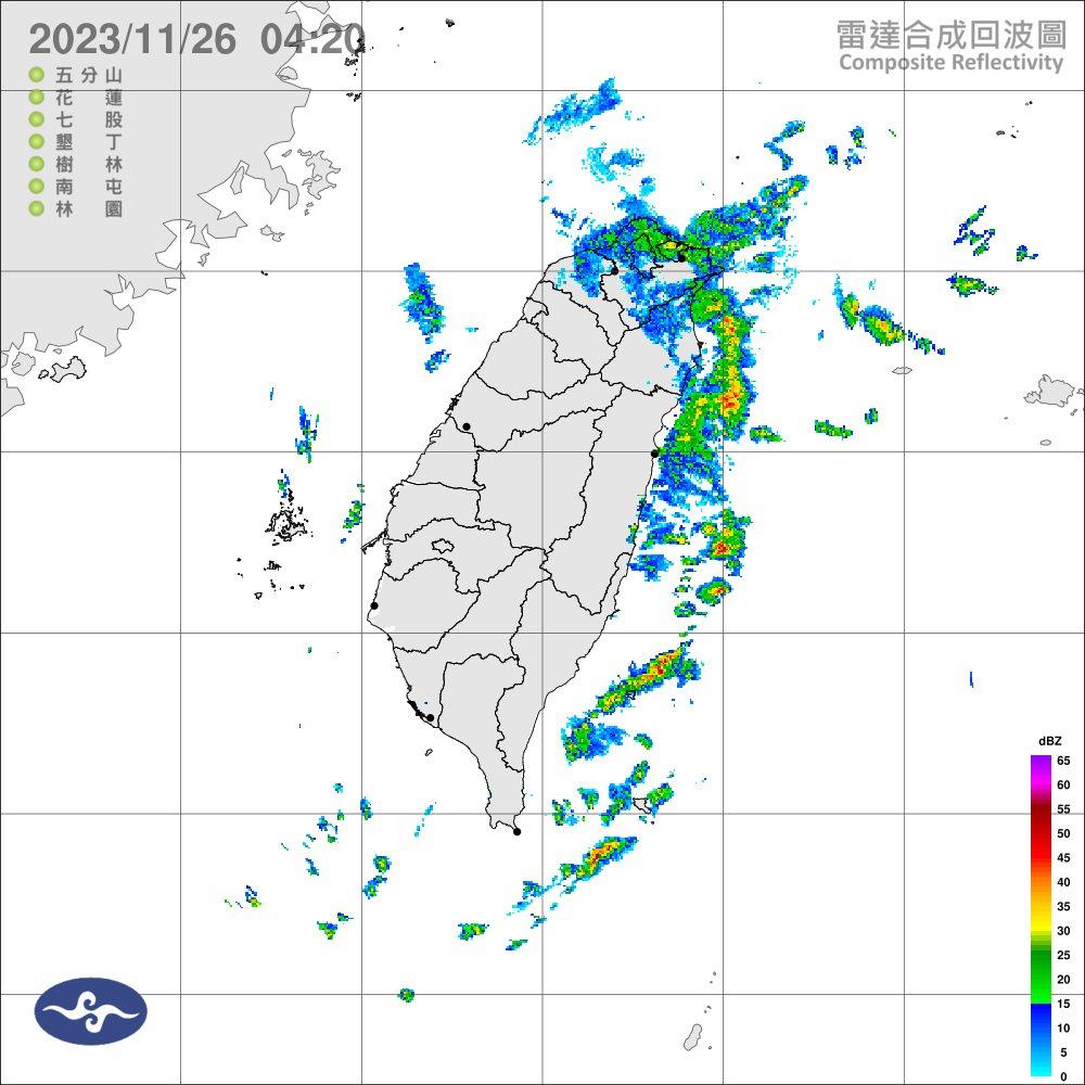 受東北季風影響，今（26日）基隆北海岸有局部大雨發生的機率。（圖／中央氣象署）
