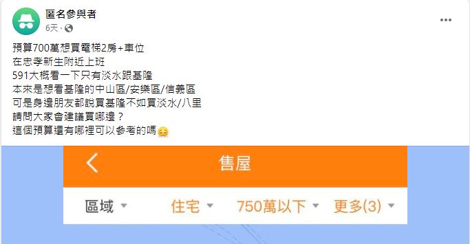 原PO手握700萬想在淡水或基隆買房,立刻掀起網友們熱議。(圖/翻攝自「買房知識家 A你的Q」臉書)