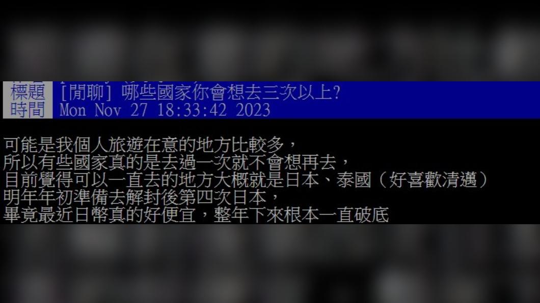 網友好奇,什麼國家會讓人一去再去。(圖/翻攝自PTT)