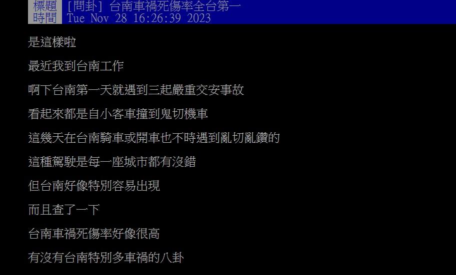原PO抱怨台南交通亂象。(圖/翻攝自PTT)
