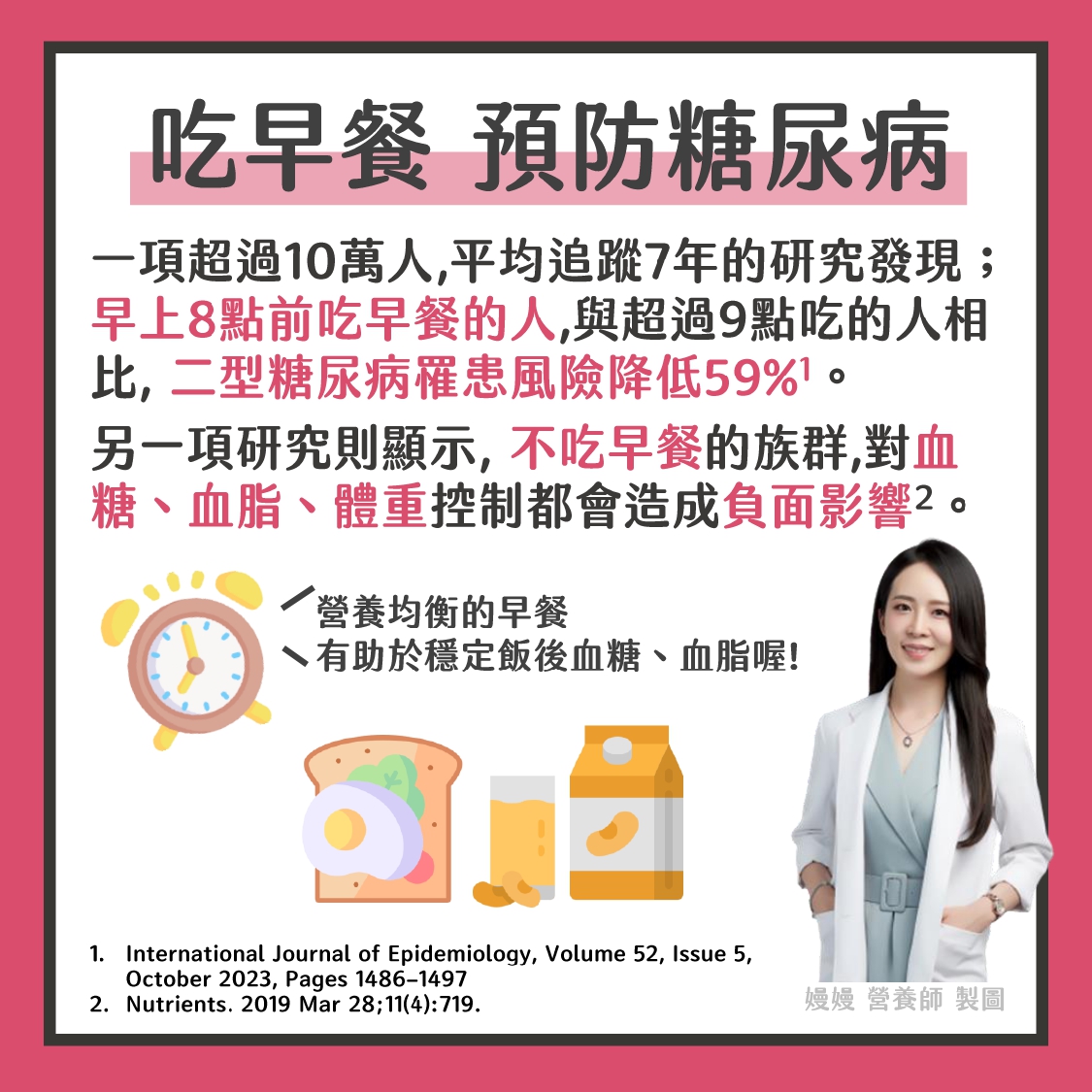愈早吃早餐能有效預防糖尿病。（圖／翻攝自營養嫚嫚說-嫚嫚 營養師臉書）