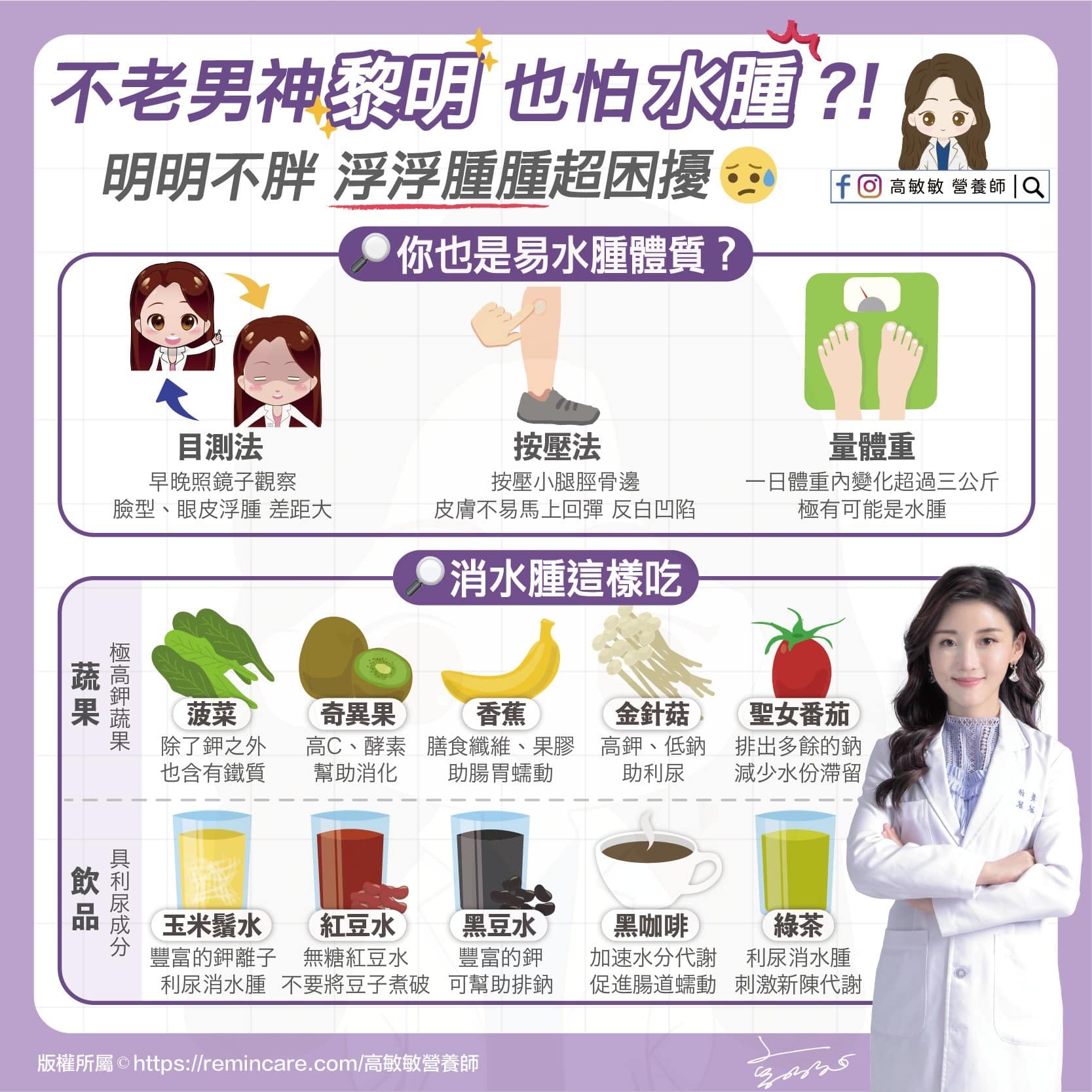 水腫體質測試及消水腫吃法。（圖／翻攝自高敏敏 營養師臉書）
